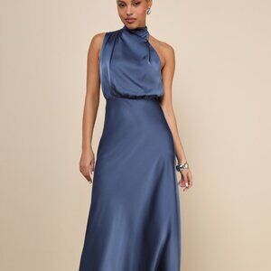 Lulus Distinctive Charm Slate Blue Satin Asymmetrical Maxi Dress - Size S
